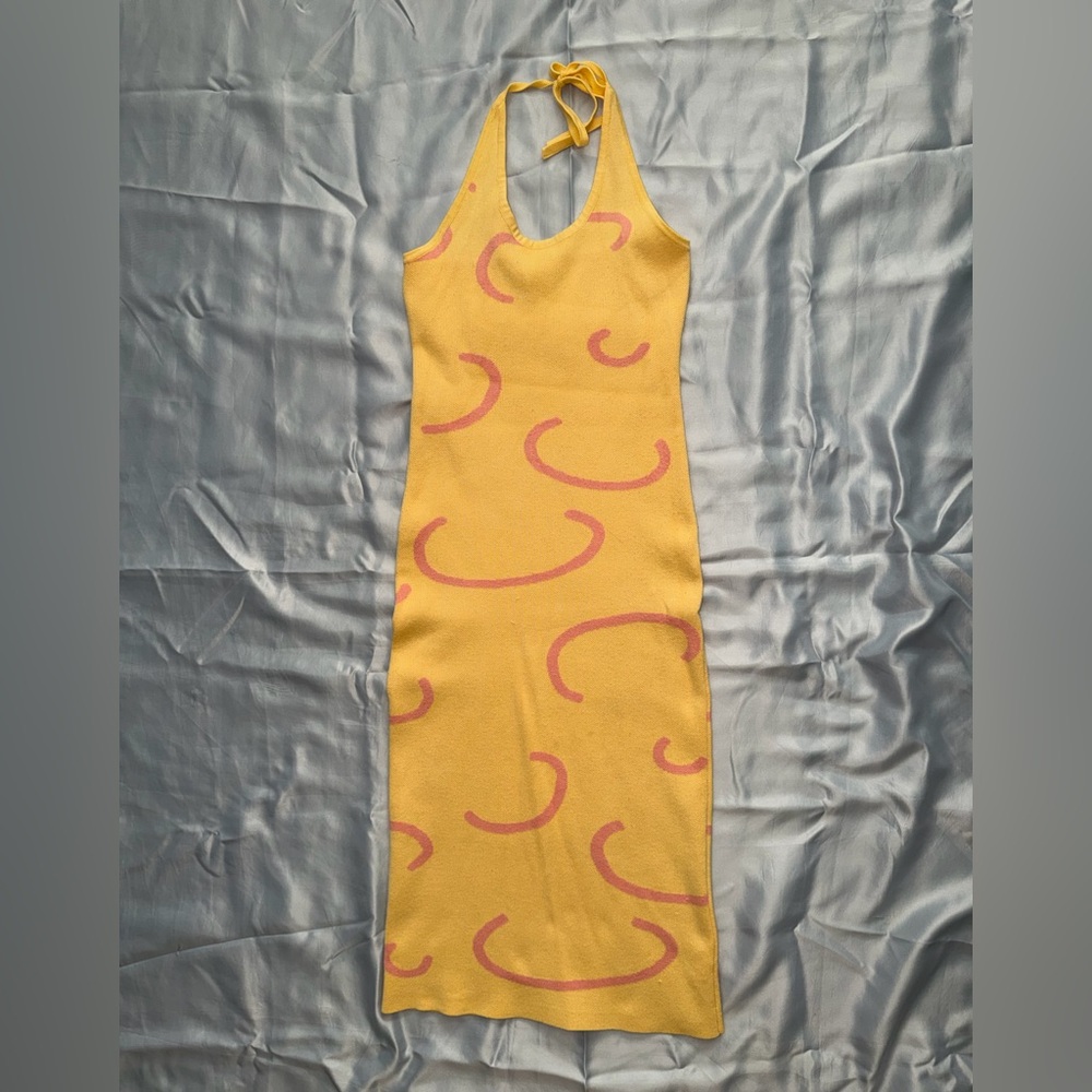 Yellow Halter Midi Dress with Pink Swirl Pattern